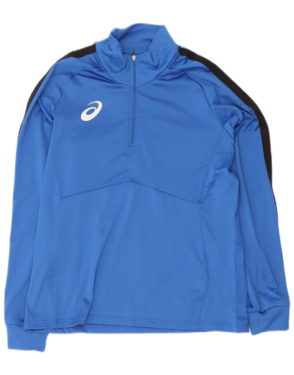 Asics Haut de survêtement à col zippé pour homme XL Bleu Colorblock Polyester
