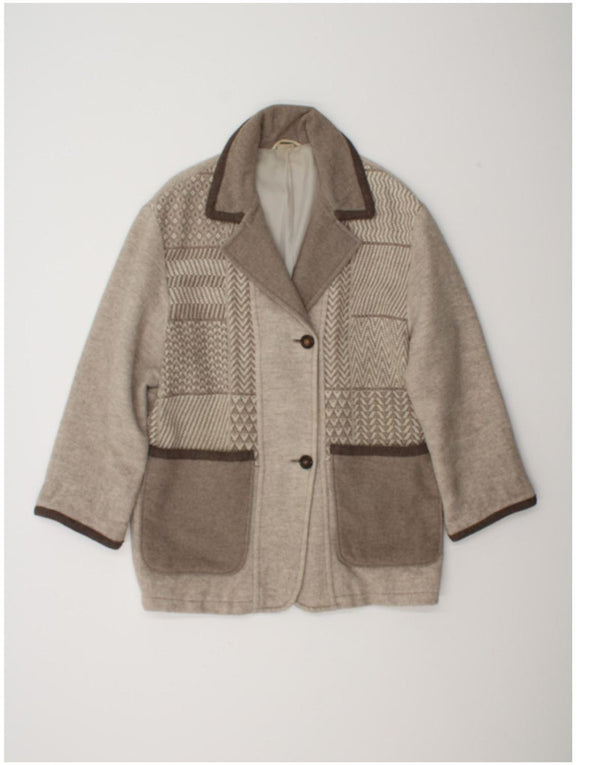 vintage Womens Loose Fit Overcoat UK 8 Petite laine géométrique beige