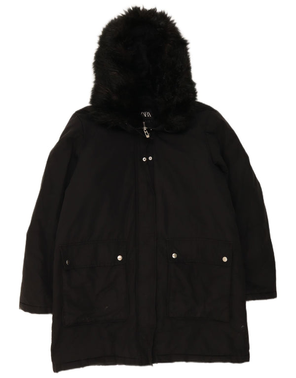 Zara Veste Parka surdimensionnée à capuche pour femme UK 16 Large Noir Polyester