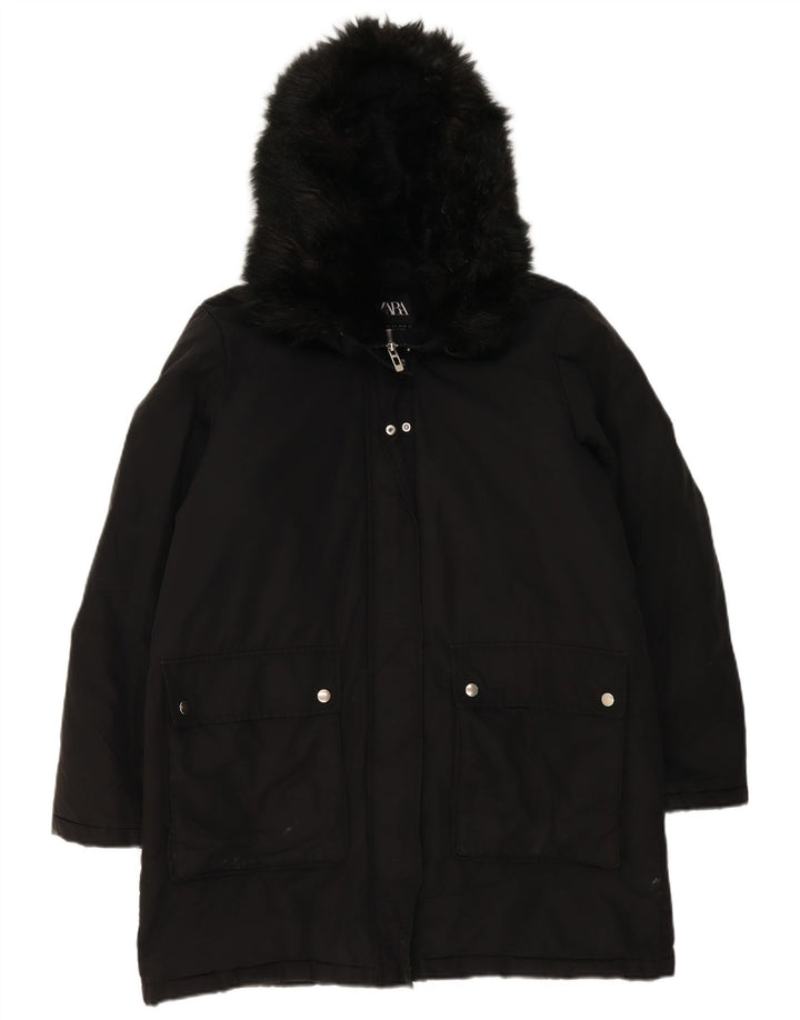 Zara Veste Parka surdimensionnée à capuche pour femme UK 16 Large Noir Polyester