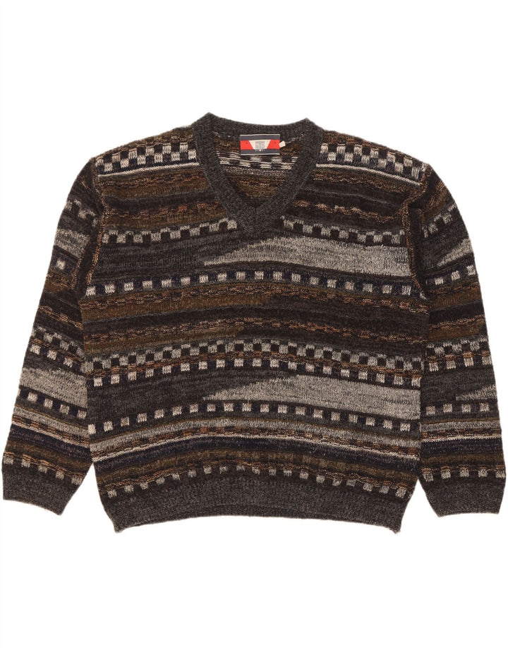 vintage Mens V-Col Jumper Pull Grande Laine Géométrique Grise