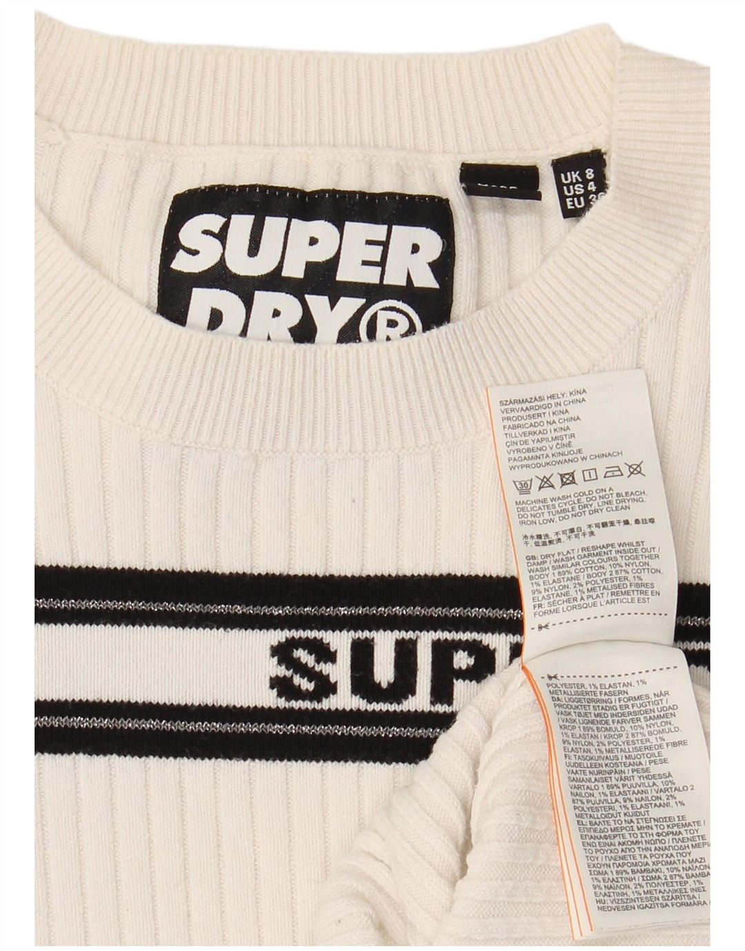 SUPERDRY Pull graphique à col rond pour femme UK 8 Petit blanc rayé