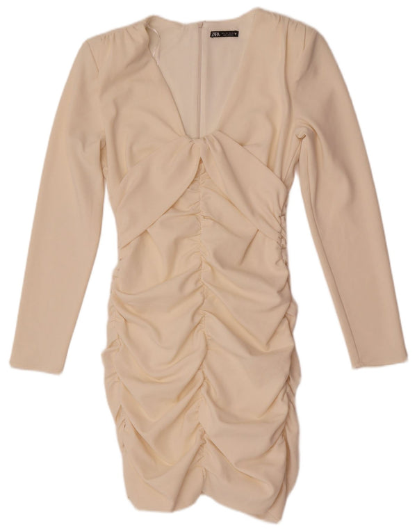 Zara Robe moulante à manches longues pour femme UK 44 Large Polyester blanc cassé