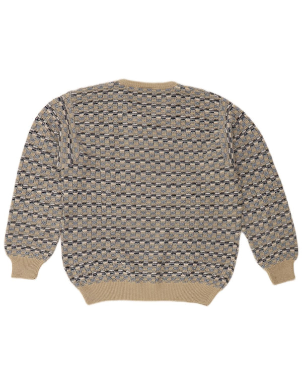 vintage Homme Col V Pull Pull IT 48 Coton Géométrique Beige Moyen