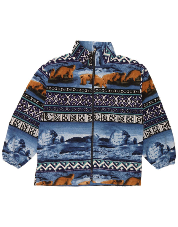 vintage Mens Abstract Pattern Fleece Jacket UK 38 Moyen Bleu Rétro