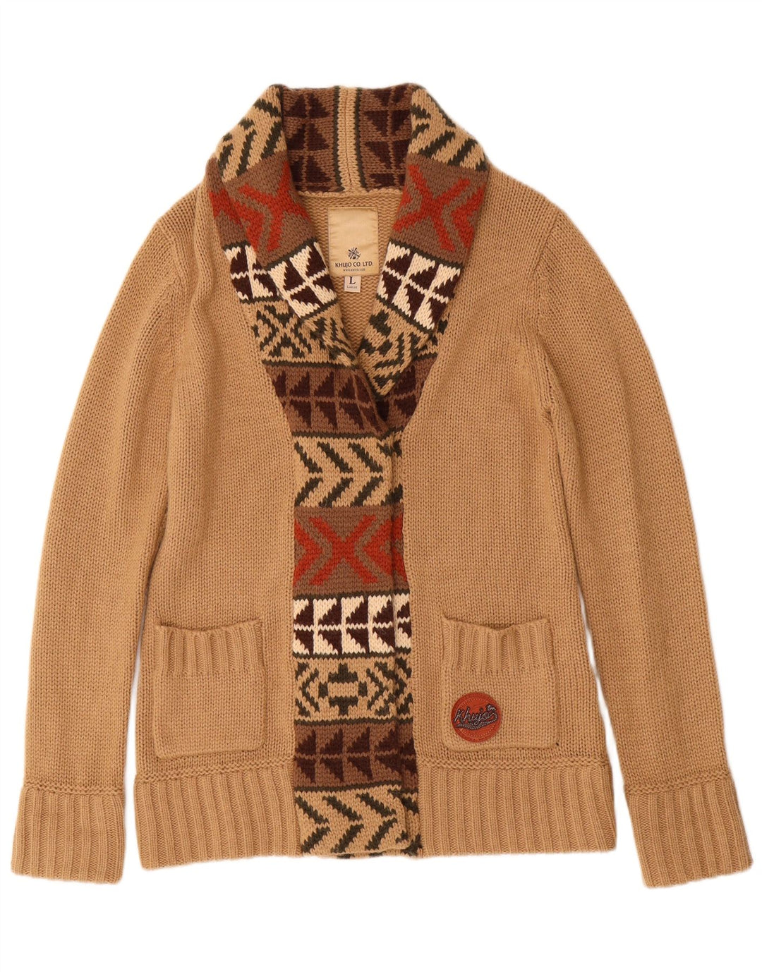 KHUJO Cardigan Femme Pull UK 16 Grand Beige Géométrique Acrylique