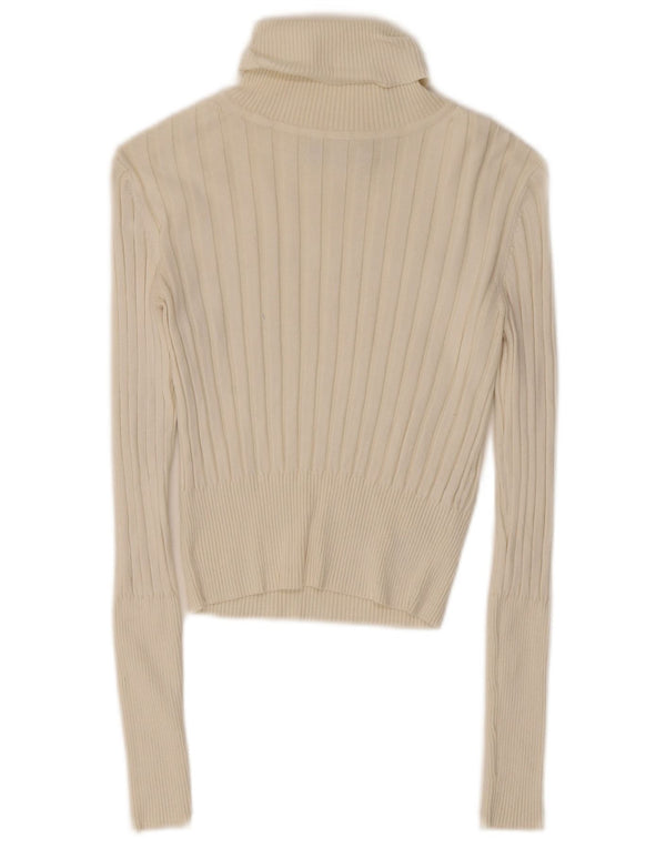 Zara Femme Haut Court Col Roulé Manches Longues UK 10 Petite Viscose Blanche