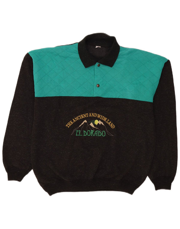 vintage Mens Graphic Polo Neck Jumper Pull Grand Gris Colorblock