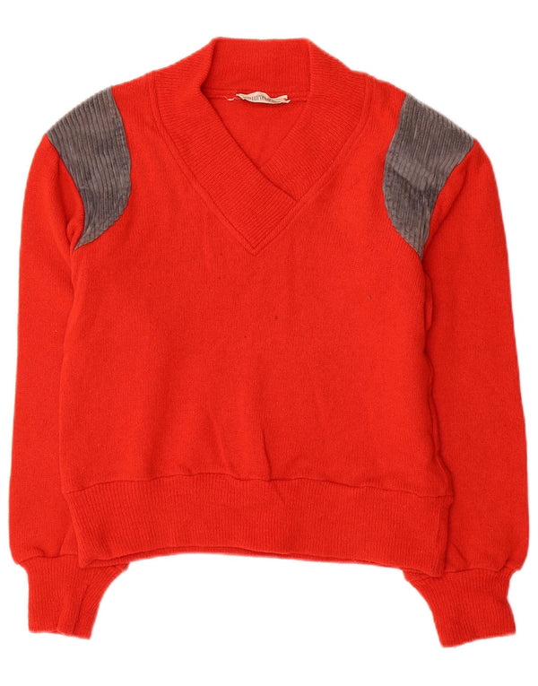 VINTAGE Femmes Crop V-Col Jumper Pull UK 10 Petit Colorblock Rouge