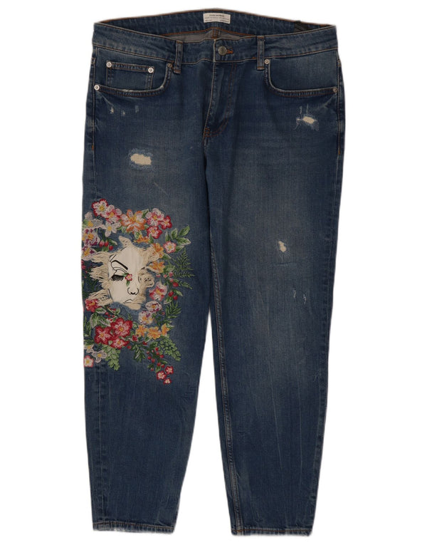 Zara Womens Graphic Straight Jeans EU 42 Large W32 L27 Bleu Floral Coton