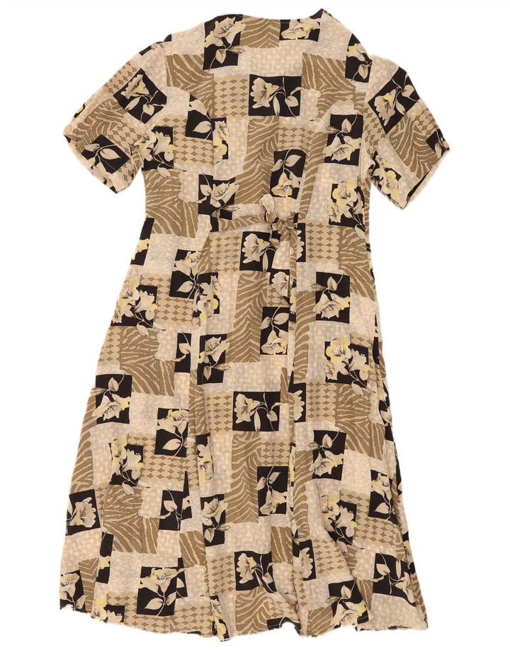 Robe de thé femme vintage UK 14 Moyen Beige Patchwork Soie