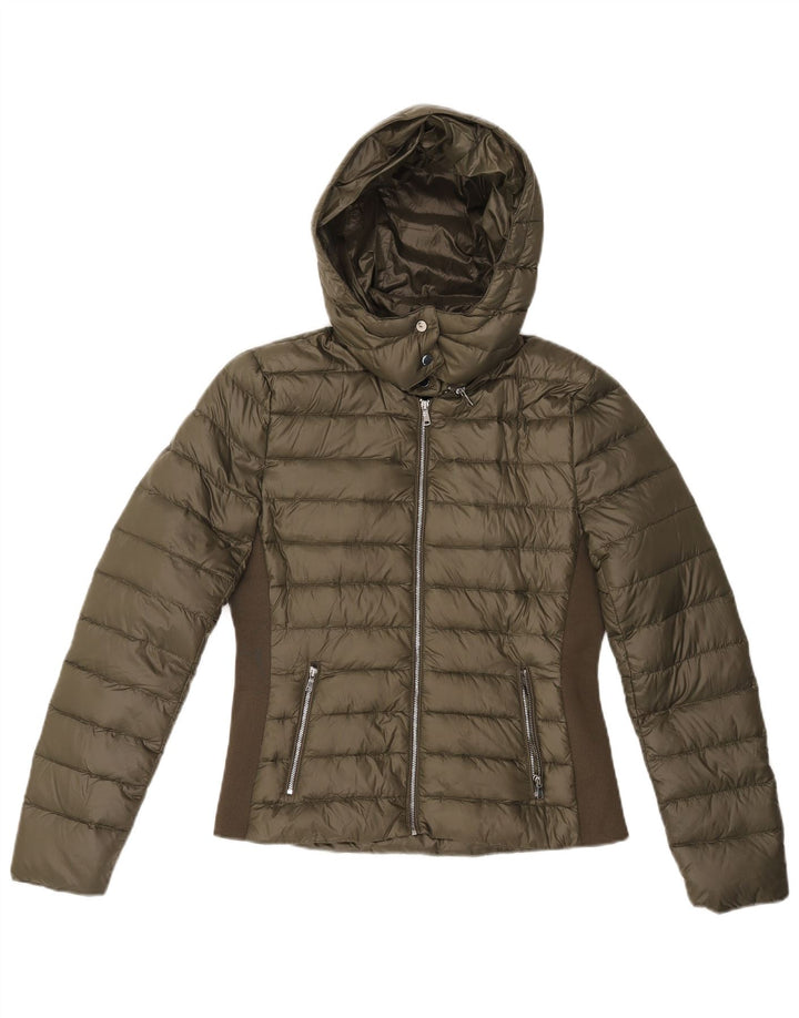 Zara Veste matelassée à capuche pour femme UK 12 Medium Kaki Colourblock