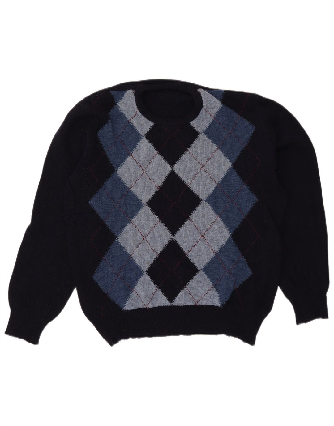 vintage Mens Crew Neck Jumper Pull Grand Bleu Marine Argyle/Diamant