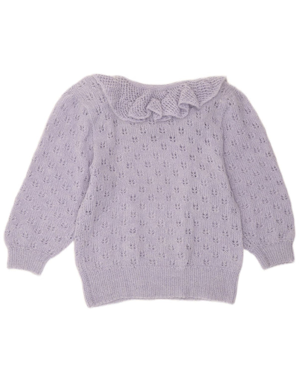 vintage Femmes Ruffle Boat Neck Jumper Pull UK 12 Moyen Violet