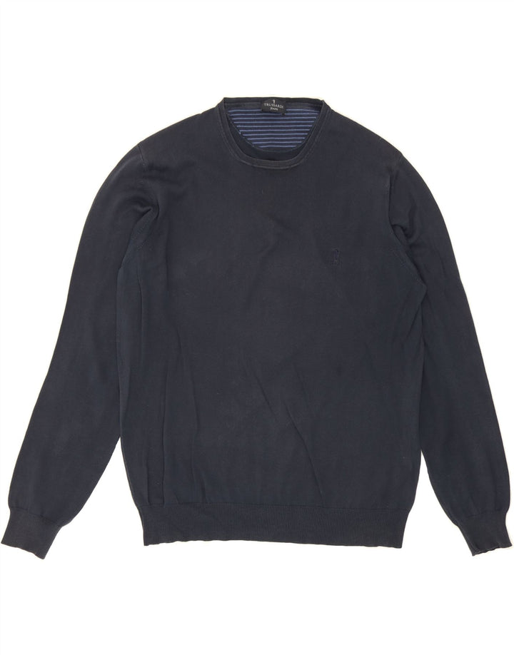 TRUSSARDI Mens Crew Neck Jumper Sweater Large Navy Blue Cotton Vintage Trussardi and Second-Hand Trussardi from Messina Hembry 