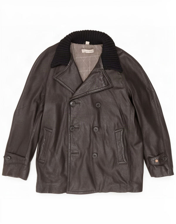 veste en cuir double boutonnage vintage pour hommes UK 40 Grand Noir