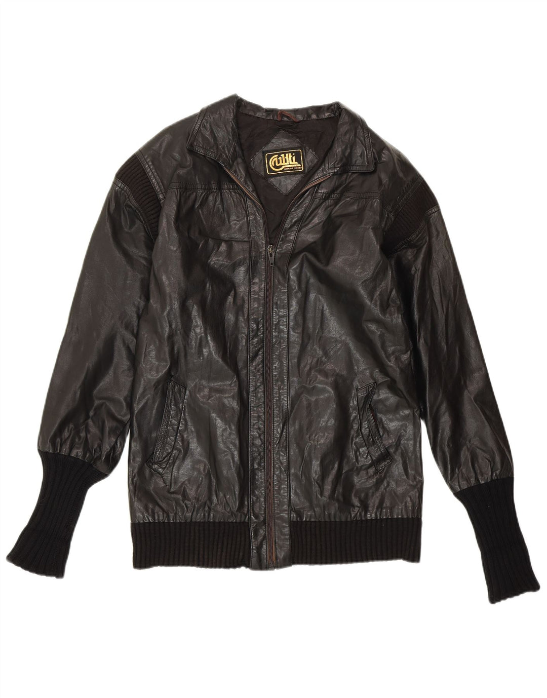 VINTAGE Veste en cuir femme UK 14 Cuir noir moyen