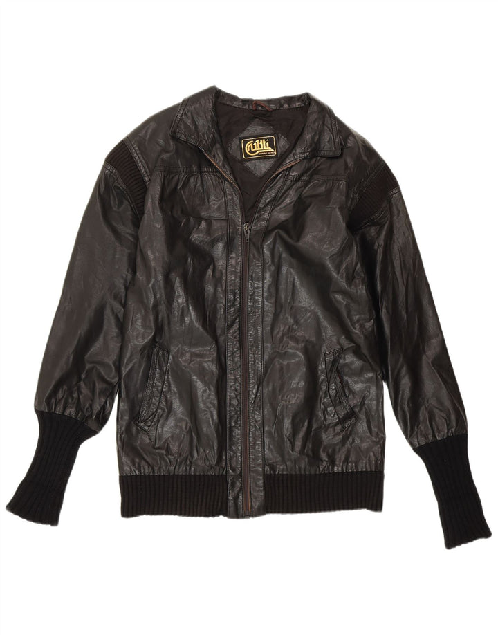 VINTAGE Veste en cuir femme UK 14 Cuir noir moyen