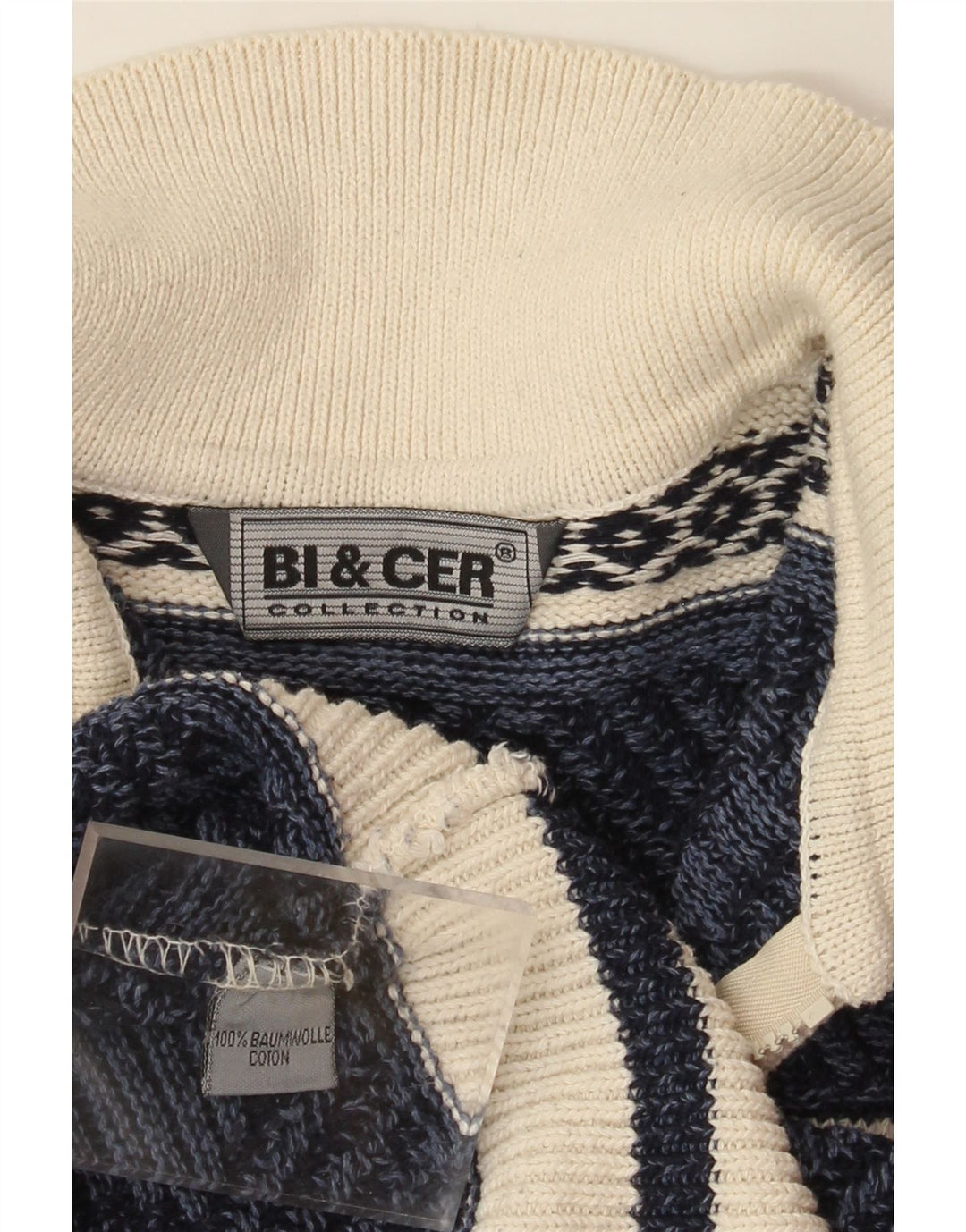 VINTAGE Pull col polo pour homme en coton Fair Isle bleu marine moyen