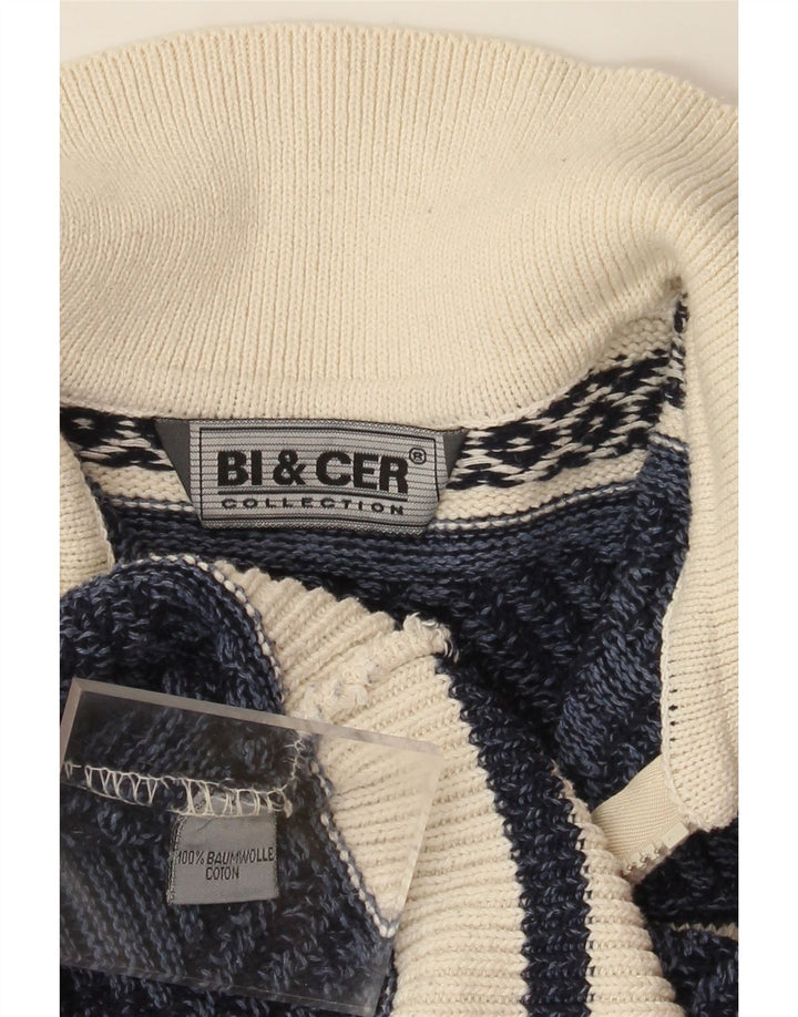 VINTAGE Pull col polo pour homme en coton Fair Isle bleu marine moyen