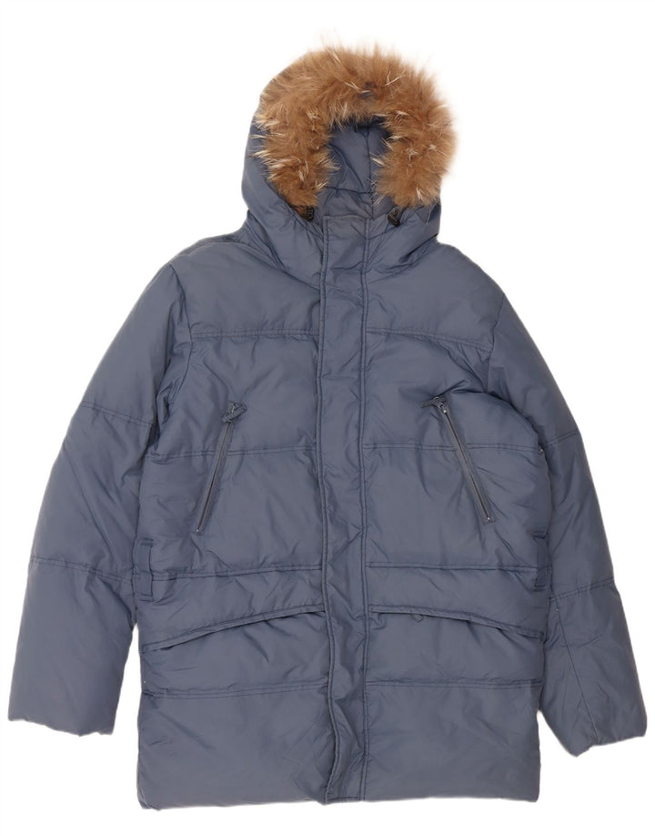 VINTAGE Manteau rembourré à capuche coupe ample pour homme UK 36 Petit nylon bleu