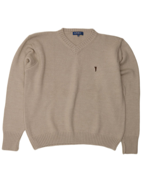 vintage Mens V-Col Jumper Pull XL Gris Laine Mérinos