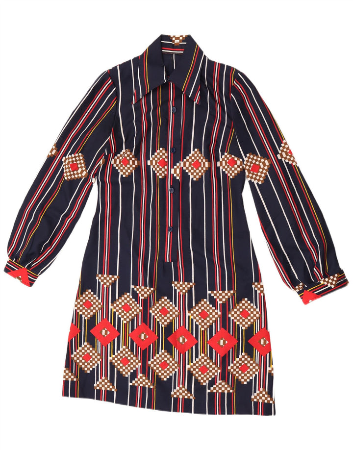 vintage Femme Pull Chemise Robe UK 12 Moyen Bleu Marine Rayé