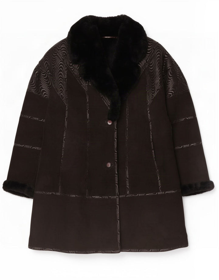 vintage Femme Shearling Coat EU 44 XL Noir Géométrique