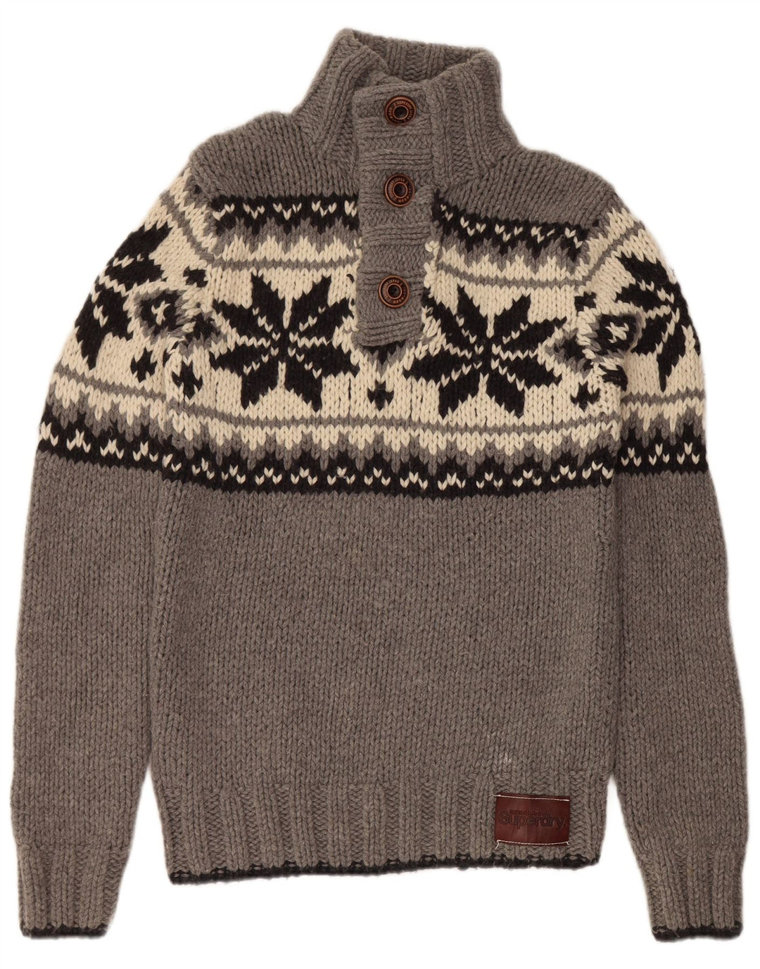 SUPERDRY Pull à col boutonné pour homme en laine Fair Isle gris moyen