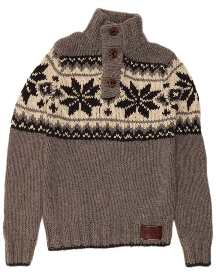 SUPERDRY Pull à col boutonné pour homme en laine Fair Isle gris moyen