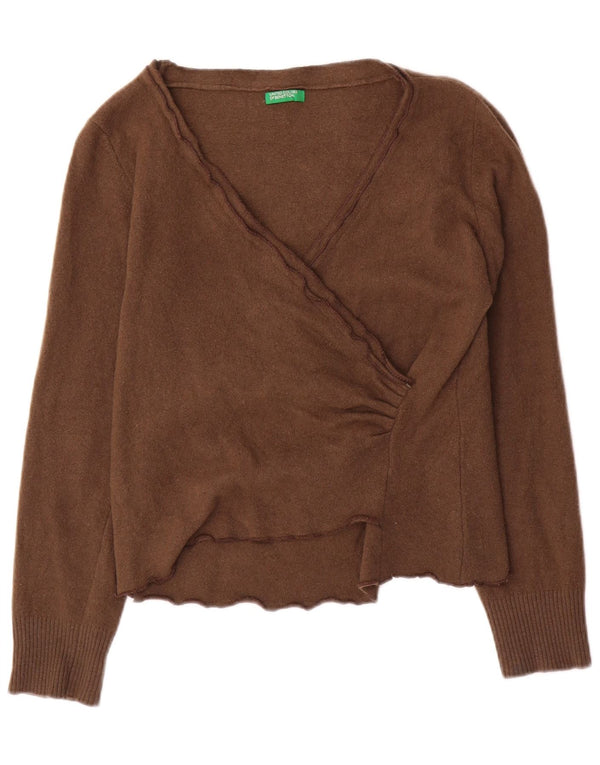 Benetton Pull court à col en V pour femme UK 10 Petit Marron