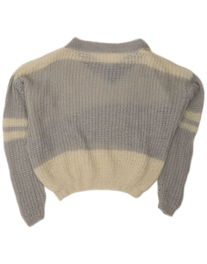 VINTAGE Pull col en V pour femme UK 20 2XL Blanc cassé Colourblock