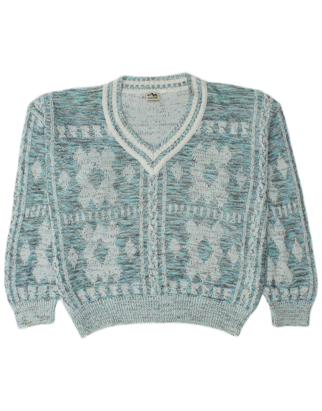 vintage Mens V-Col Jumper Sweater IT 52 Grand Bleu Géométrique Coton