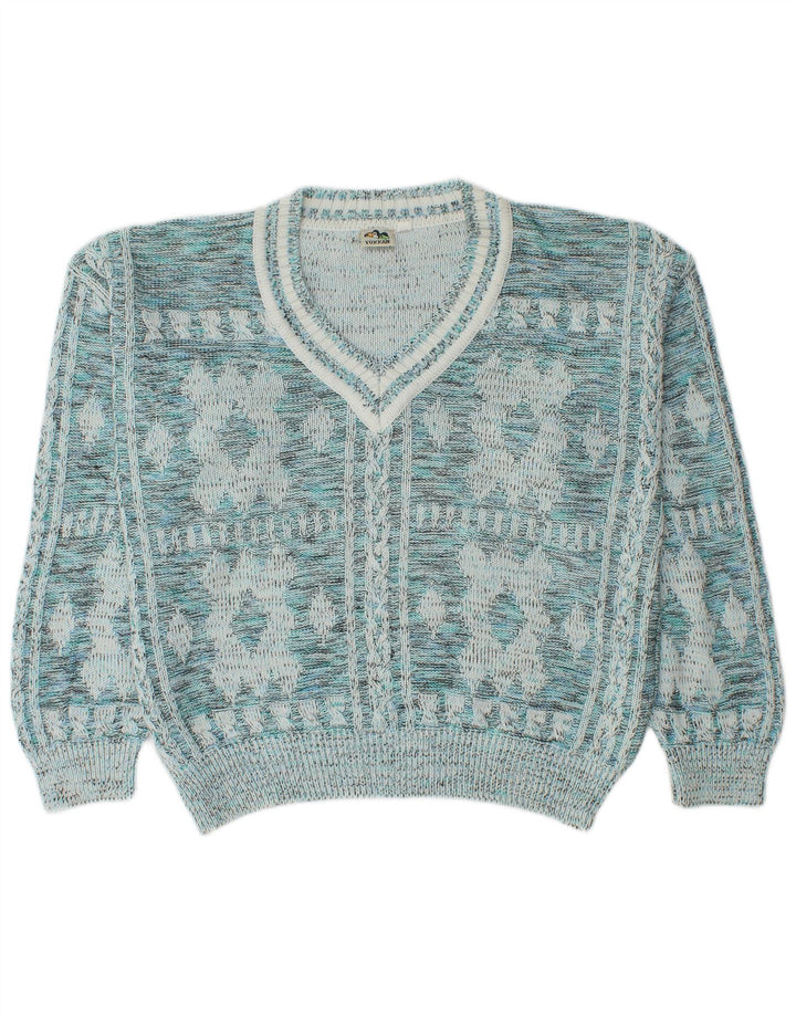 vintage Mens V-Col Jumper Sweater IT 52 Grand Bleu Géométrique Coton