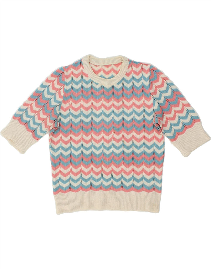 VINTAGE Pull col bateau femme UK 12 Chevron multicolore moyen
