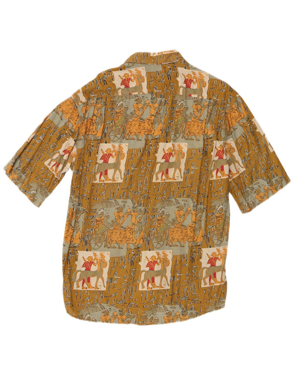 vintage Mens Graphic Chemise à manches courtes Grand Kaki Patchwork Viscose