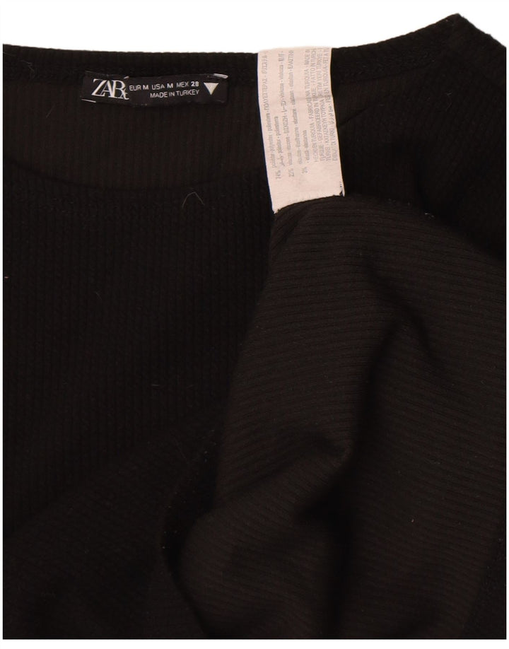 Zara Femme Crop Top Manches Longues UK 12 Moyen Noir Polyester