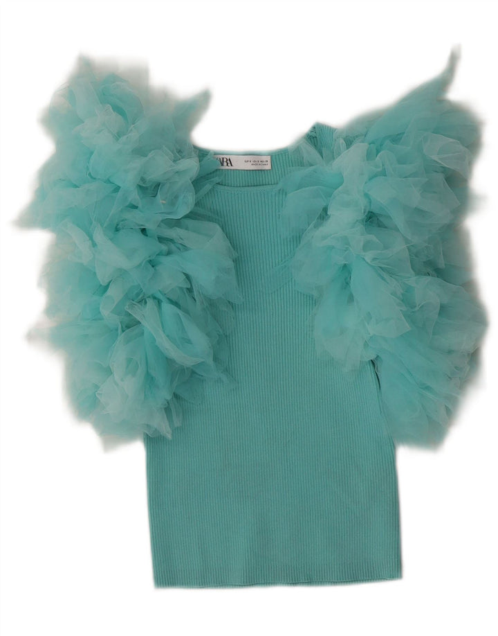 Zara Womens Crop Blouse Top UK 8 Small Turquoise Viscose