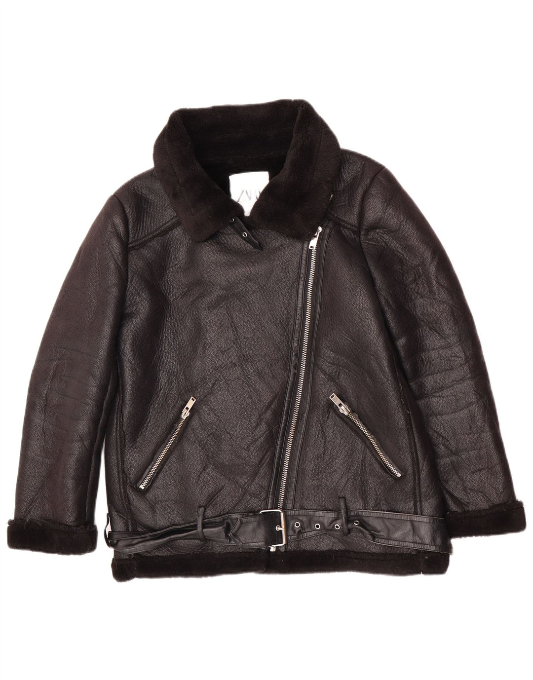 Zara Veste Sherpa en simili cuir pour femme UK 14 Polyuréthane noir moyen