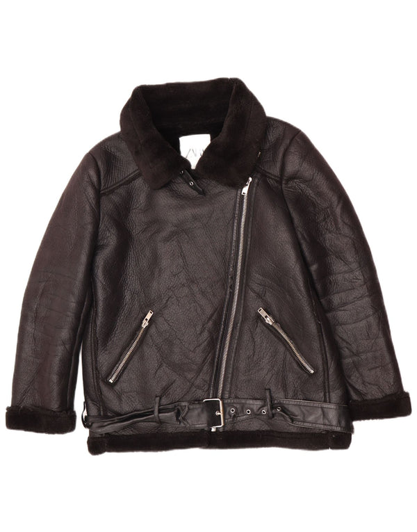 Zara Veste Sherpa en simili cuir pour femme UK 14 Polyuréthane noir moyen