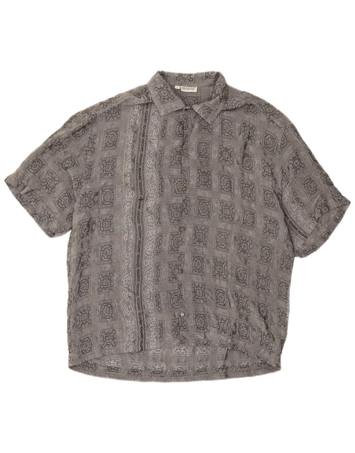 vintage Chemise à manches courtes pour hommes Grand acétate à carreaux gris