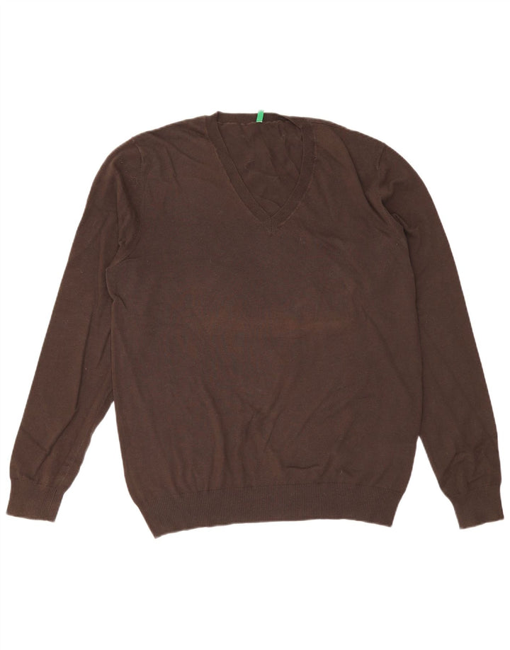Benetton Pull col V pour homme en coton marron Taille L