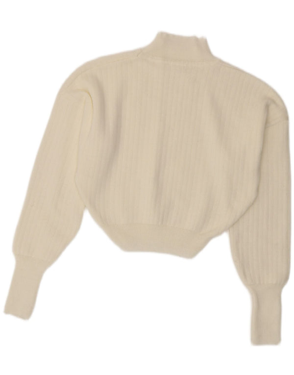 vintage Womens Crop Turtle Neck Jumper Pull UK 14 Moyen Blanc