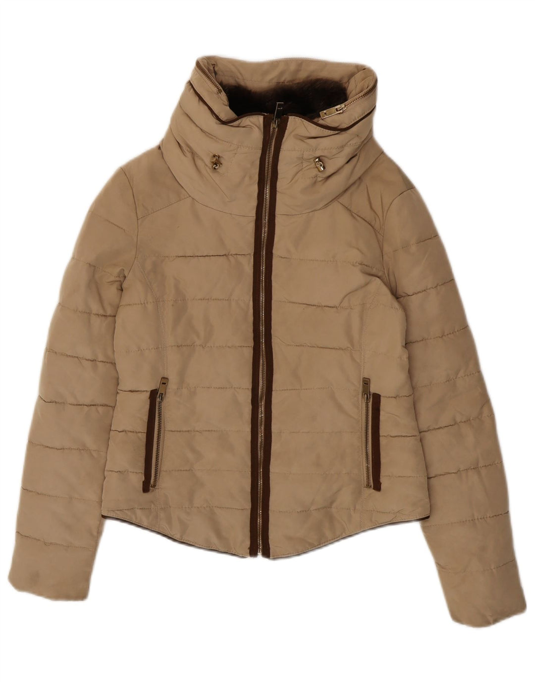Zara Veste rembourrée à capuche courte pour femme UK 14 Polyester beige moyen