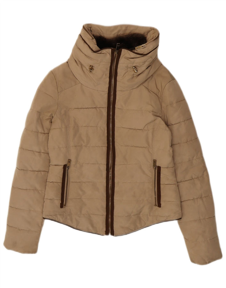 Zara Veste rembourrée à capuche courte pour femme UK 14 Polyester beige moyen
