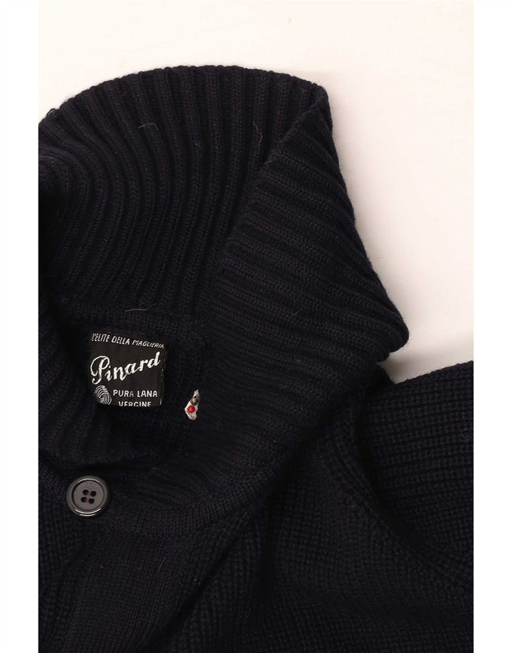 vintage Mens Cardigan Pull Moyen Marine Bleu Vierge Laine