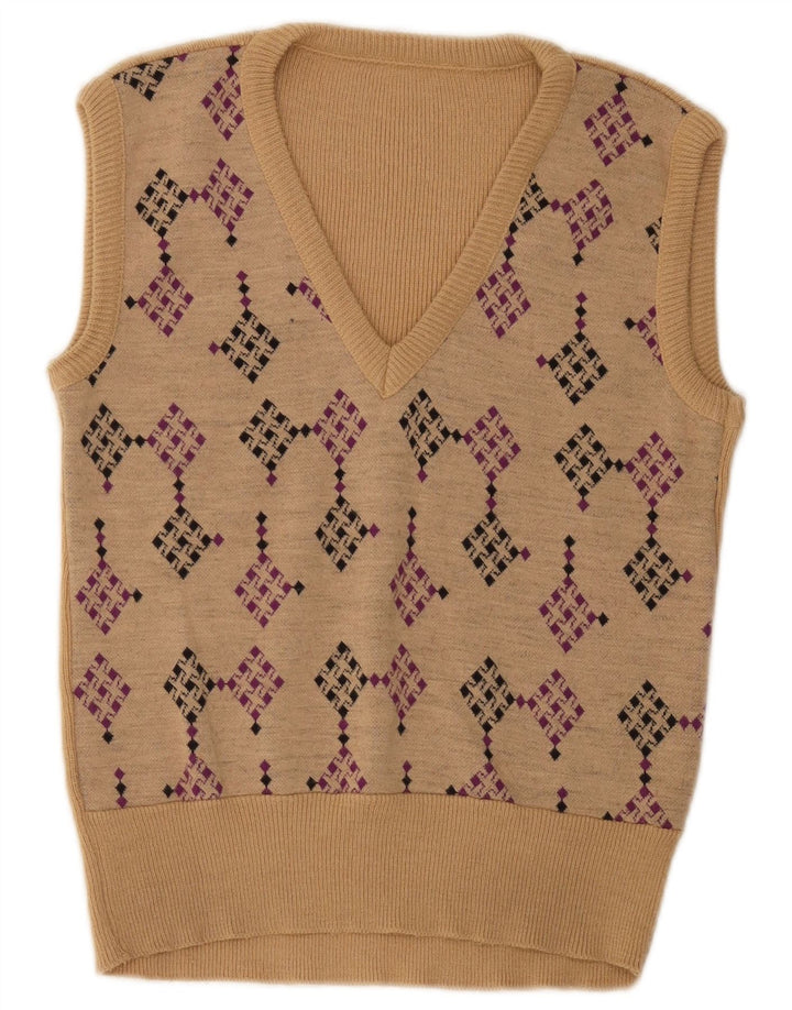 vintage Mens Vest Débardeur Petit Beige Géométrique