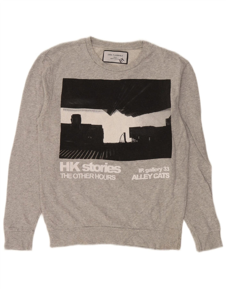 Zara Womens Graphic Sweatshirt Jumper UK 14 Coton Gris Moyen