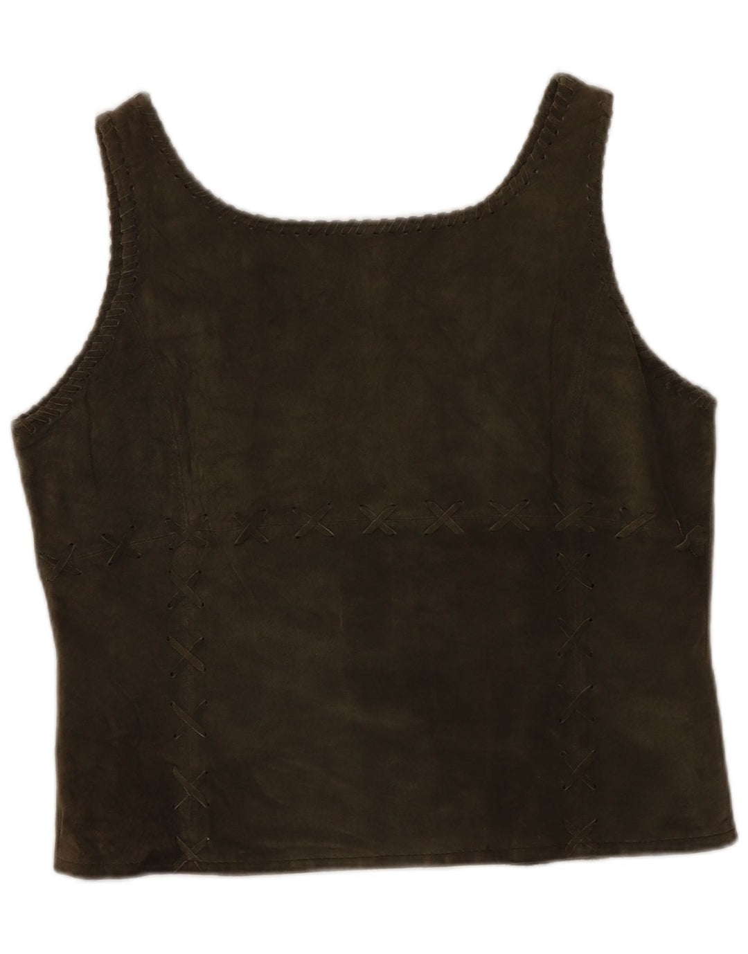 Rene Derhy Haut court sans manches en daim pour femme UK 14 Grand cuir kaki