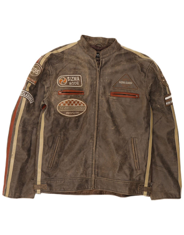 Sizma Mode Veste de course en cuir graphique pour homme UK 42 XL Marron Colourblock